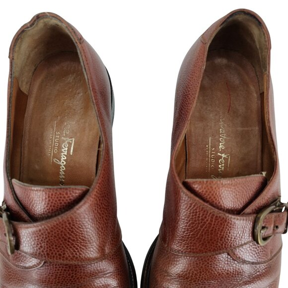 Salvatore Ferragamo Italy Dress Shoes Men's 9.5 Brown Leather Monk Strap Loafers - Picture 5 of 12